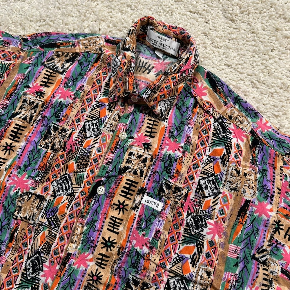 Guess Button Up Shirt XL Multi Color Vintage Georges Marciano Tribal Rayon USA